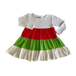 LOLLY WOLLY DOODLE, CHRISTMAS DRESS. RED, GREEN & WHITE LAYERED LOOK. SIZE 4/5.